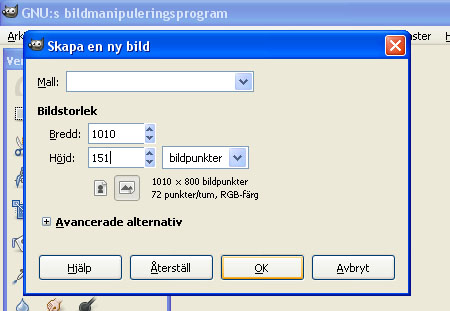 Dialogruta "Skapa en ny bild" i Gimp Dialogruta "Skapa en ny bild" i Gimp